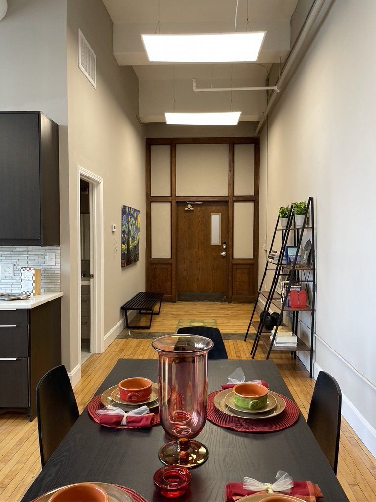 View from dining room to front door of unit