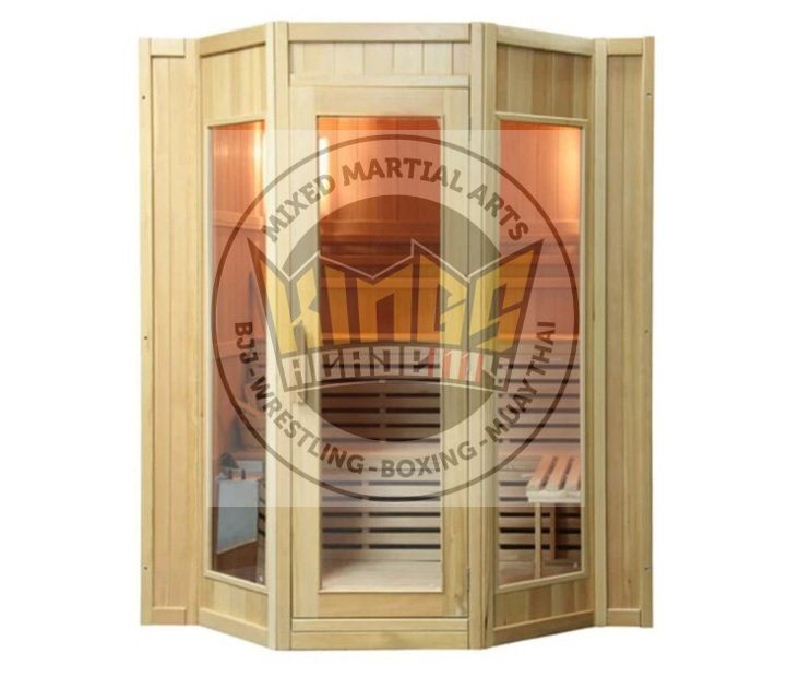 Wooden infrared sauna with glass doors and side panels, lit from inside with Kings Academy Logo