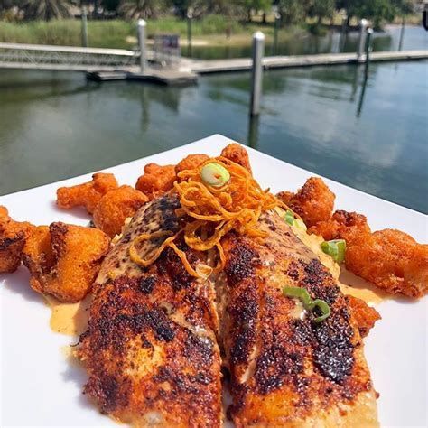 A white plate topped with chicken and shrimp with a dock in the background.