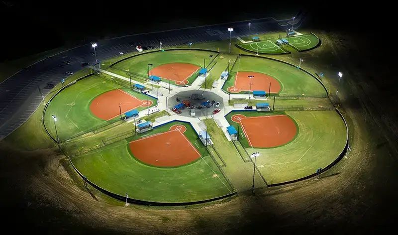 An aerial view of a baseball field at night.