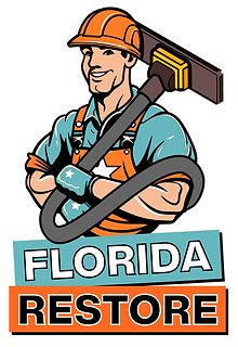 Florida Restore logo with a smiling worker holding a large vacuum hose over the company name.