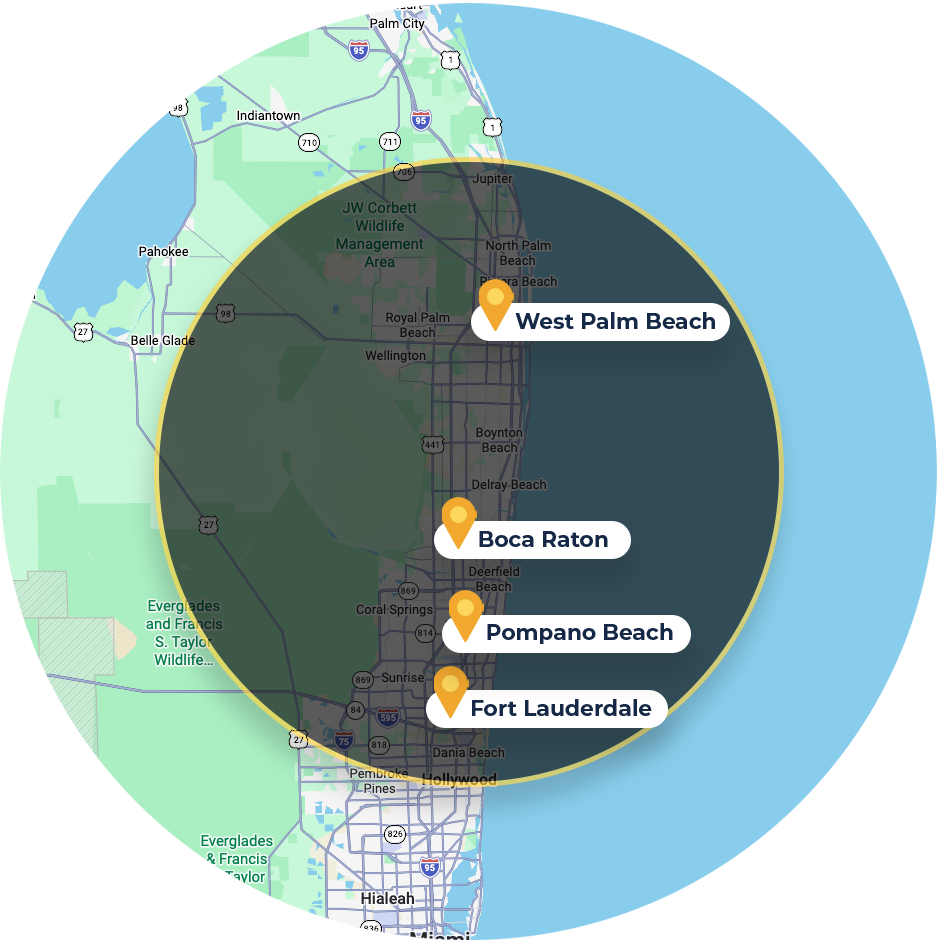 Map with a dark highlighted area and pins for West Palm Beach, Boca Raton, Pompano Beach, and Fort Lauderdale.