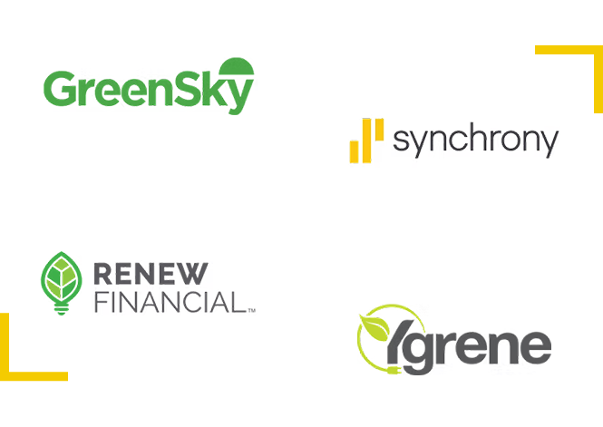 GreenSky, Synchrony, Renew Financial, and Ygrene logos on a white background