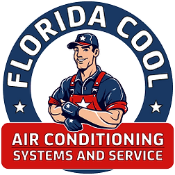 Florida Cool logo with a smiling HVAC technician and red banner reading “Air Conditioning Systems and Service”