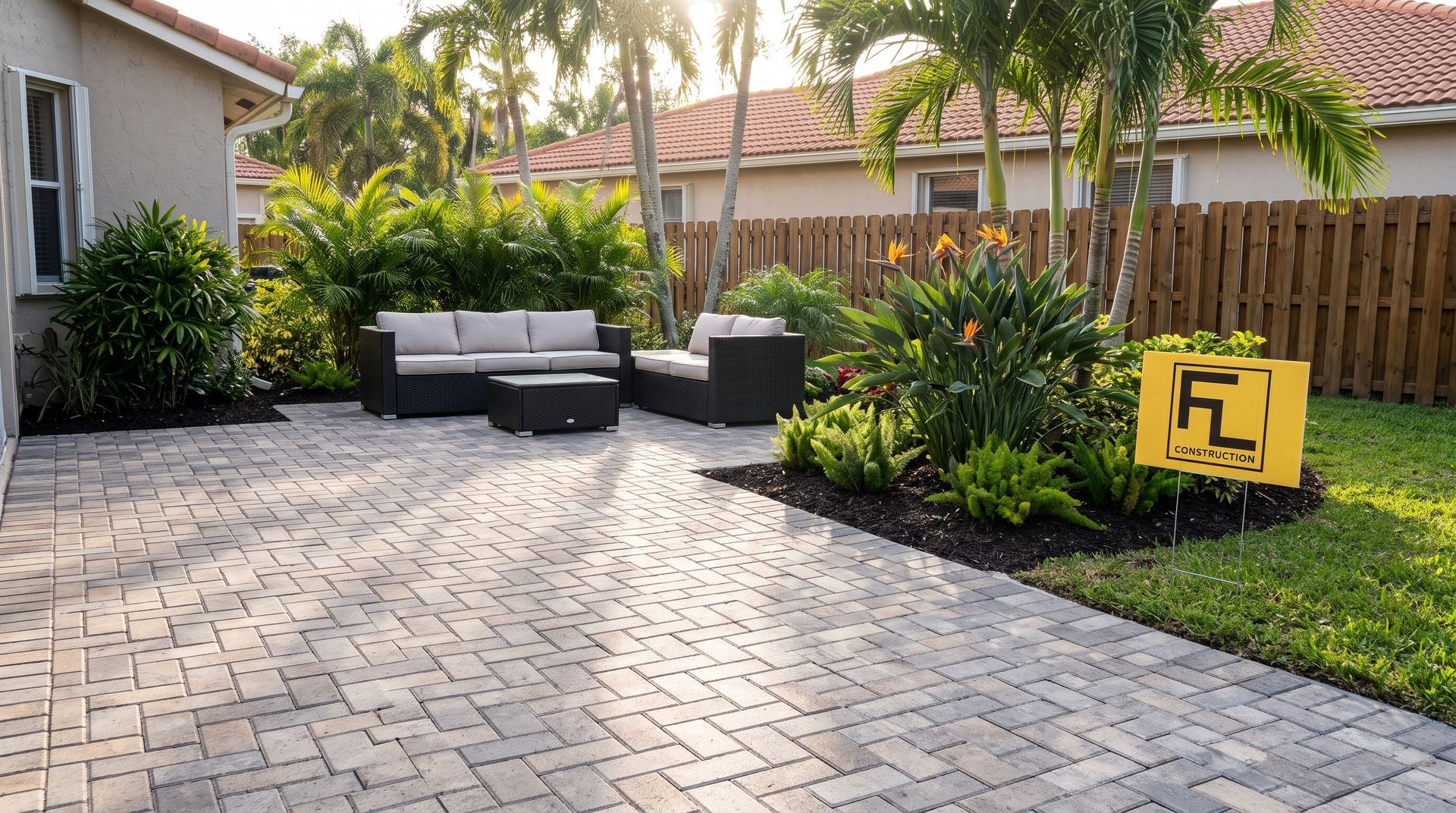 Backyard patio with gray pavers, outdoor seating, lush landscaping, and a yellow fire pit sign