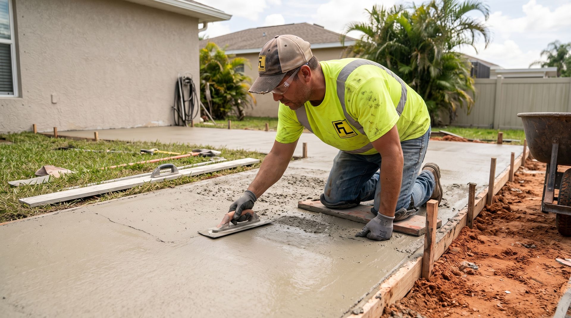 Worker in neon safety shirt smoothing wet concrete on a driveway beside a house