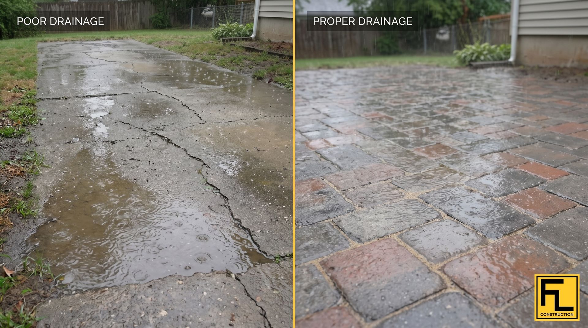 Before-and-after driveway repair: cracked concrete replaced with clean, patterned pavers.