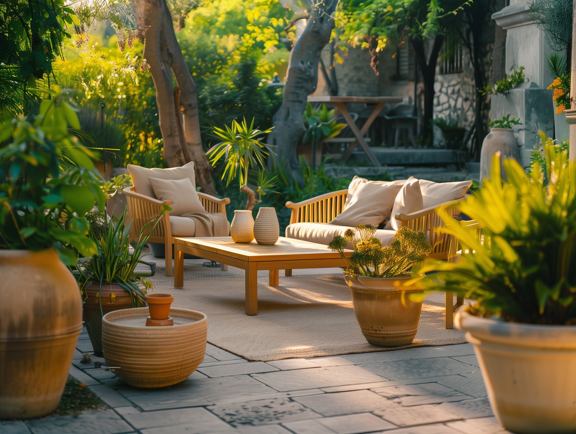 Sunlit patio garden with wicker chairs, wooden table, and large potted plants amid lush greenery