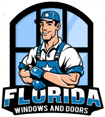 Florida Windows and Doors logo with a smiling installer in blue overalls and cap holding a window frame