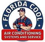 Florida Cool HVAC logo with cartoon technician in blue and red uniform holding a wrench and shield-shaped badge