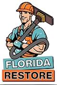 Florida Restore logo with a hardhat worker holding tools and a hose over turquoise and orange text.