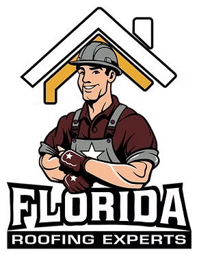 Florida Roofing Experts logo with a smiling roofer holding shingles under a house roof icon