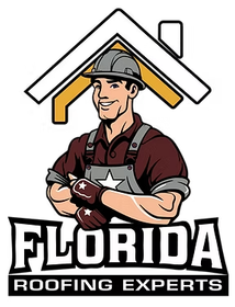 Florida Roofing Experts logo with a smiling roofer holding shingles under a roof icon