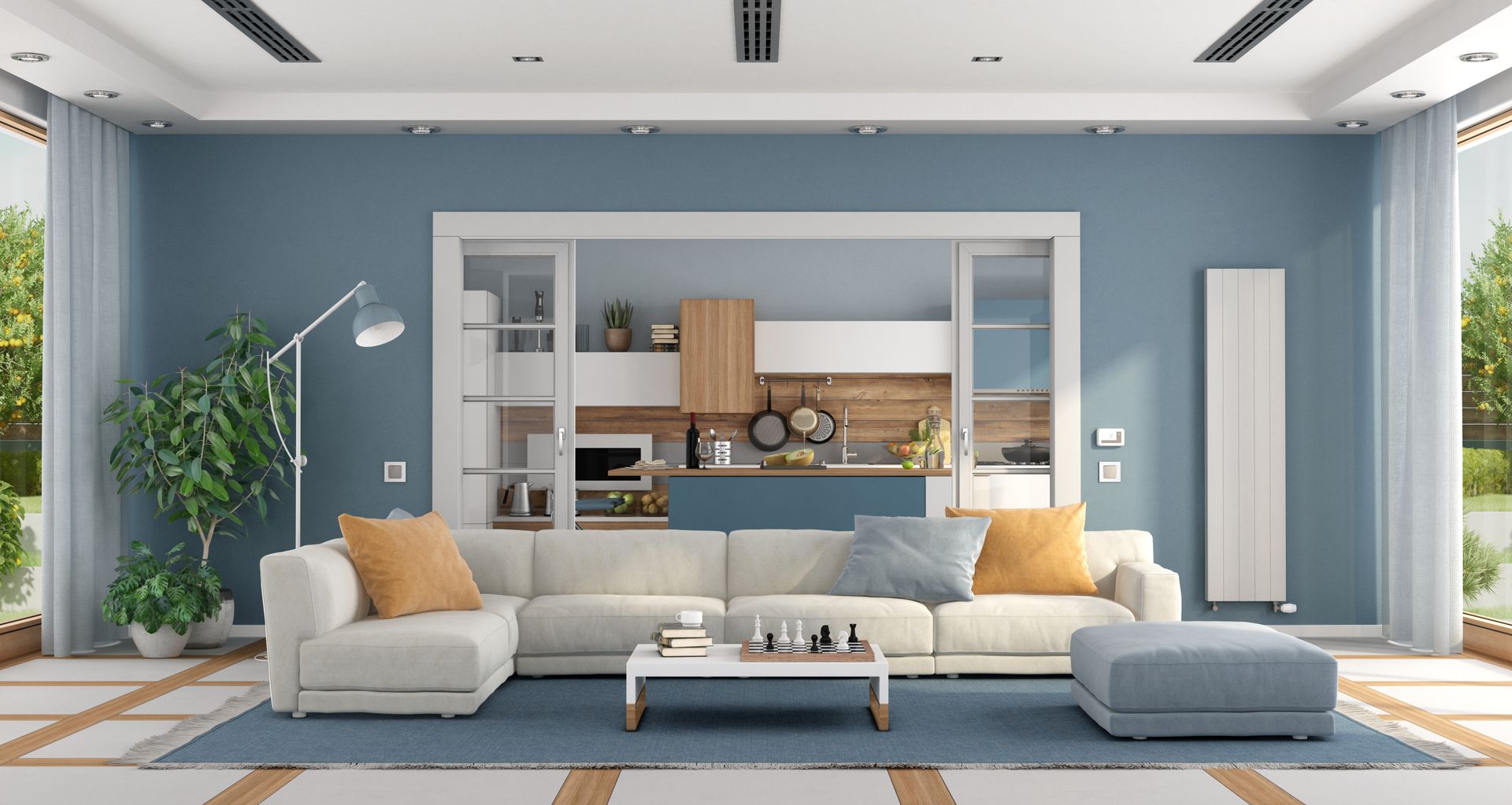 Modern living room with blue walls, white sofa, beige chairs, coffee table, and large window opening to a kitchen.