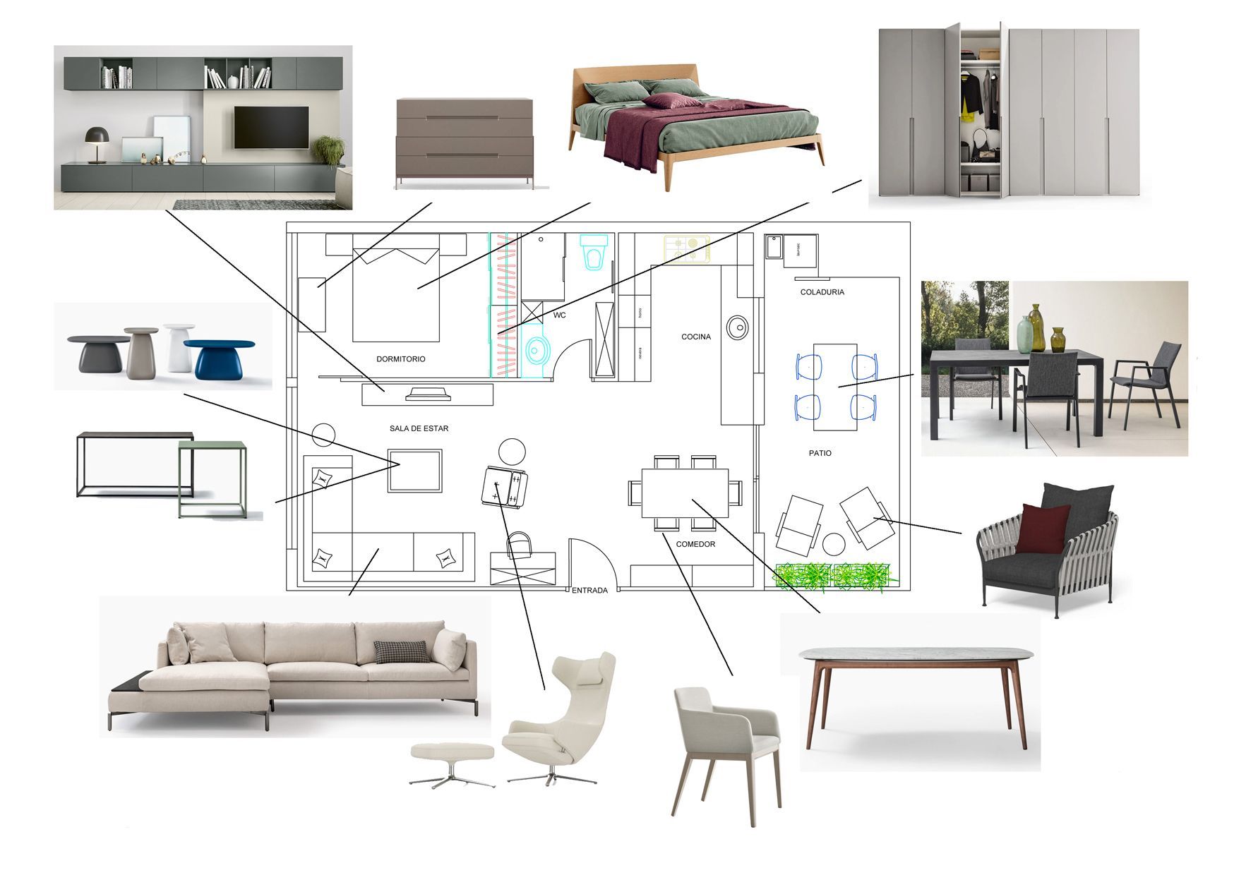 Un plano de una casa con fotografías de muebles y un sofá.
