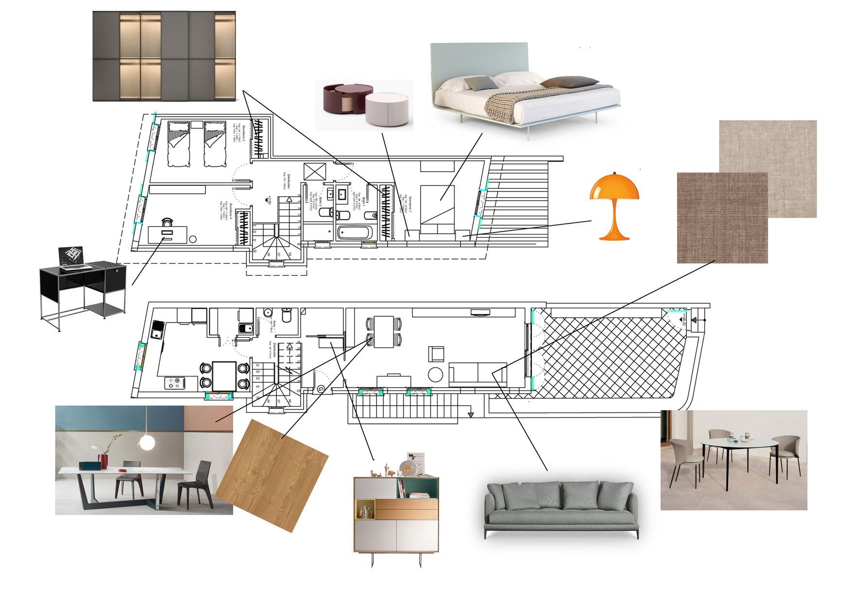 Un plano de una casa rodeada de fotografías de muebles