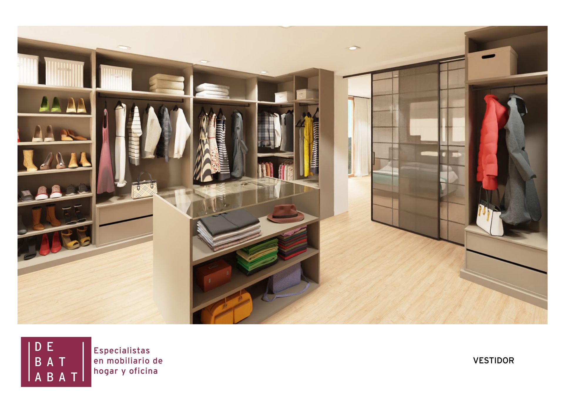 Una impresión artística de un vestidor con puertas corredizas de vidrio