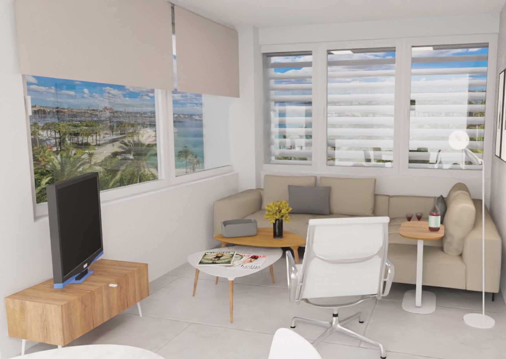 Una sala de estar con sofá , silla , mesa y televisión.