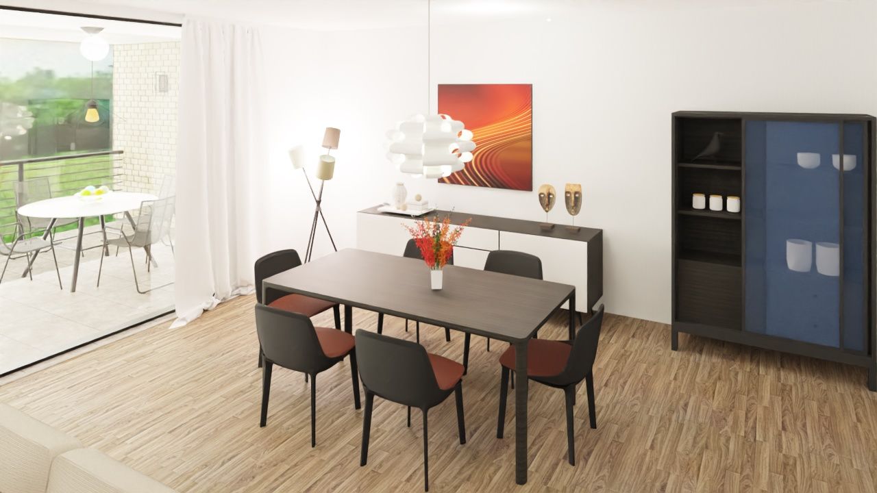 Un comedor con mesa y sillas y un cuadro en la pared.