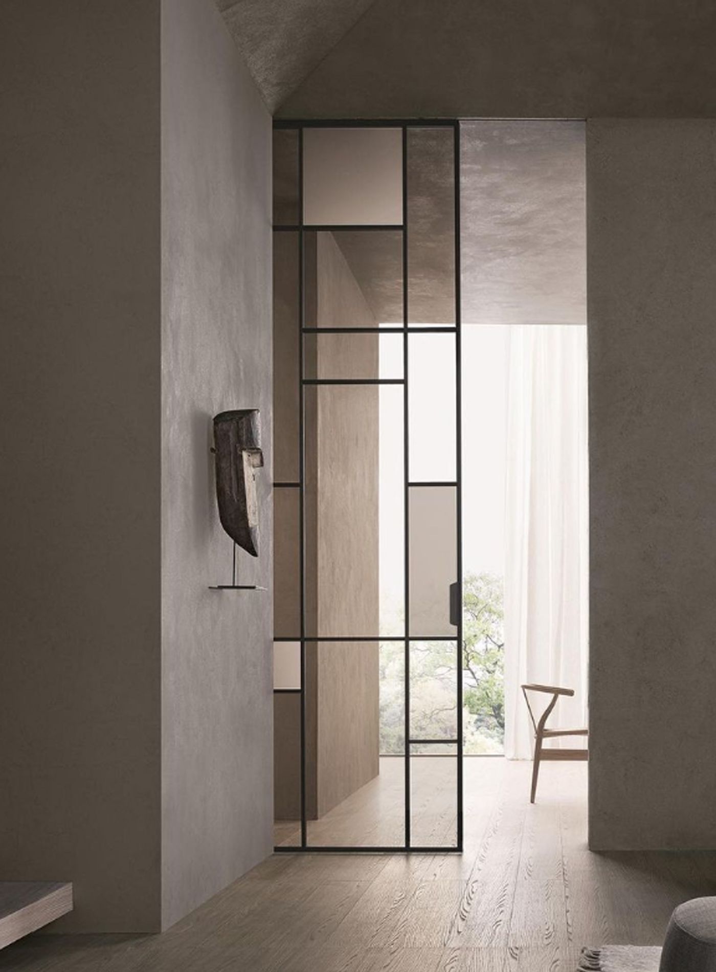 Puerta corredera con rejilla de aluminio y cristal