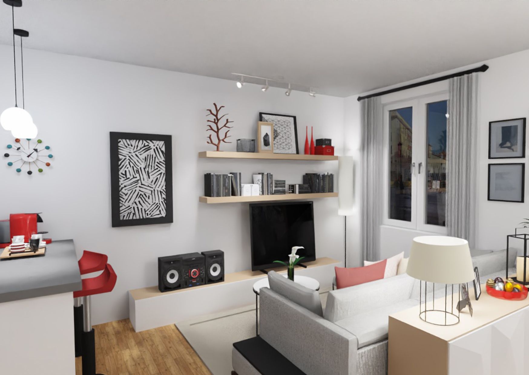 Una sala de estar con sofá, televisión y un reloj en la pared.