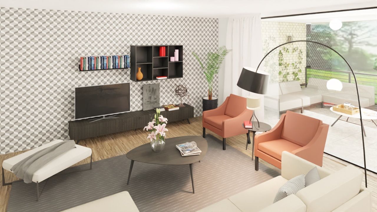 Una sala de estar con sofá, sillas, mesa de café y televisión.
