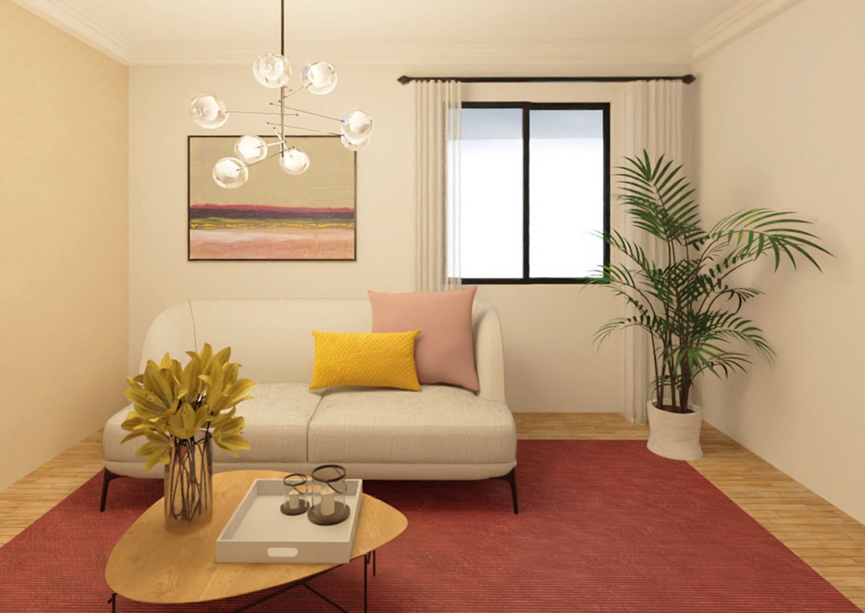 Una sala de estar con sofá , mesa de café y planta.