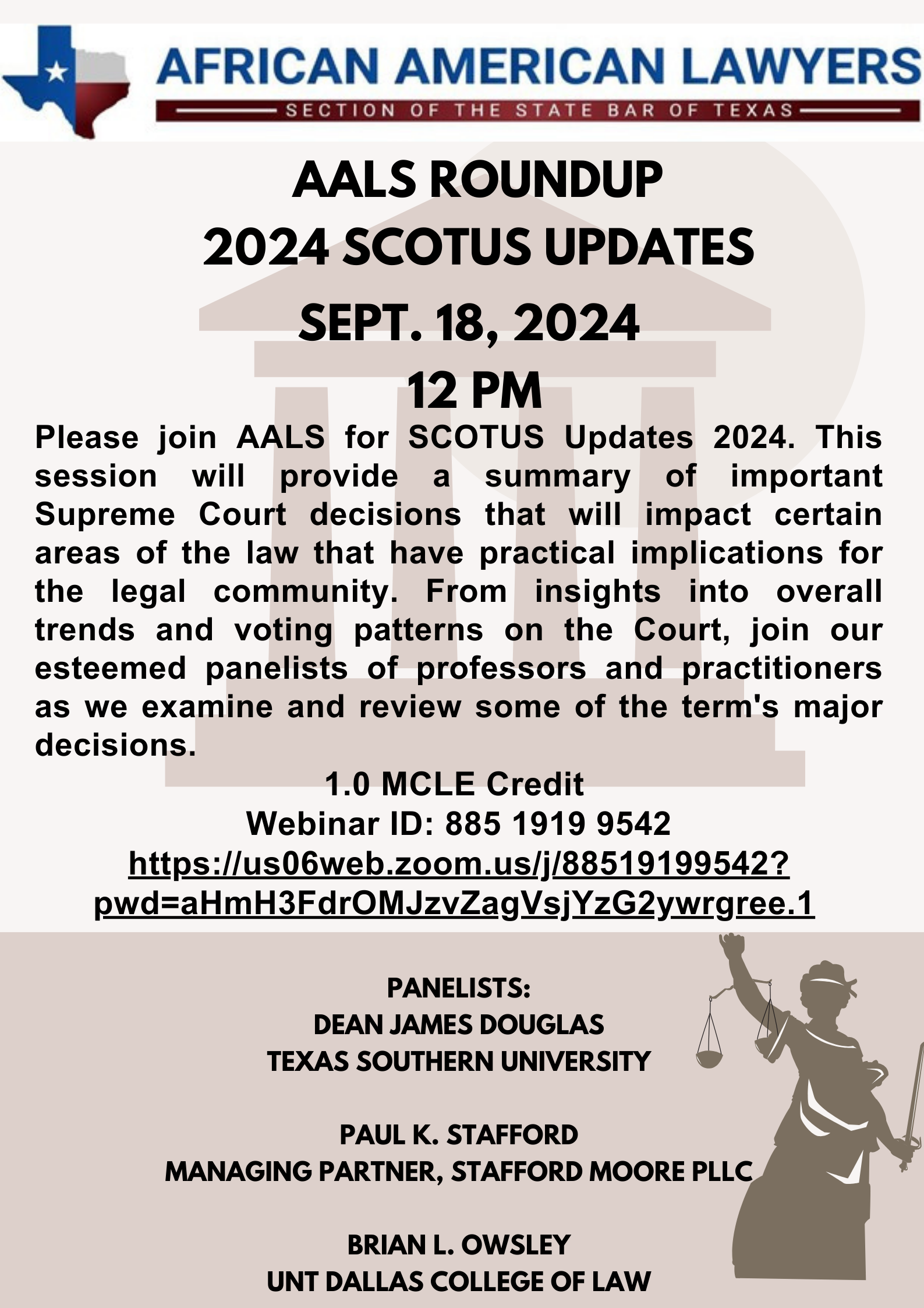 A flyer promoting the AALS CLE covering 2024 SCOTUS updates, happening September 18, 2024 at 12:00 PM.