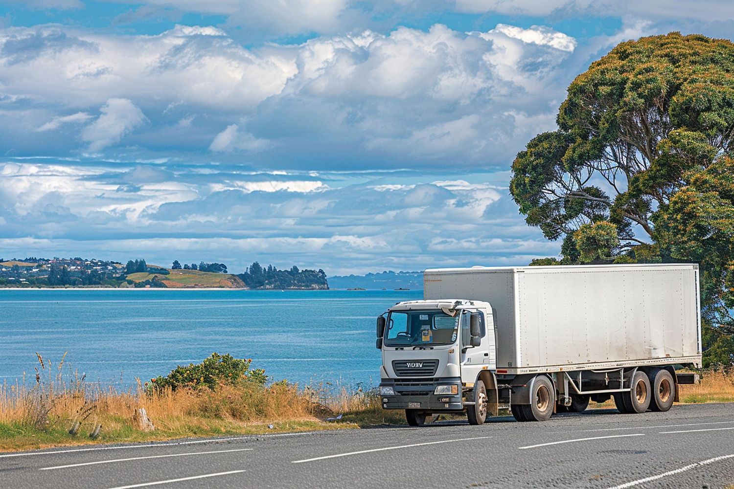White semi-truck parked by a coastal road with blue water, cloudy sky, and trees in the background