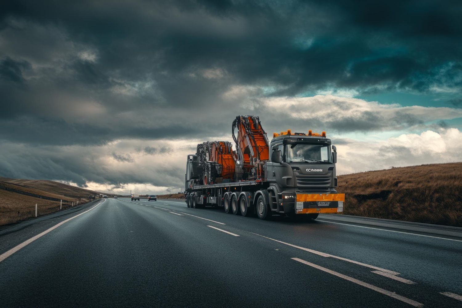 Heavy truck carrying machinery drives on a wet highway under dark storm clouds.