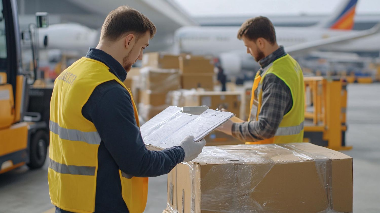 Two airport cargo workers in yellow safety vests handling wrapped boxes on a tarmac