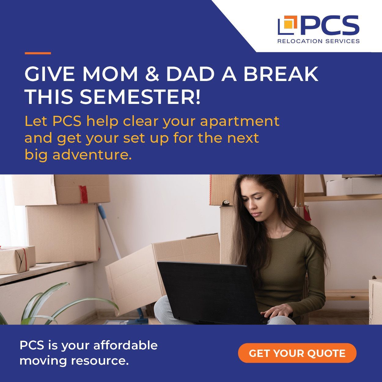 PCS moving service ad with woman using laptop in unpacked apartment and “Get Your Quote” button