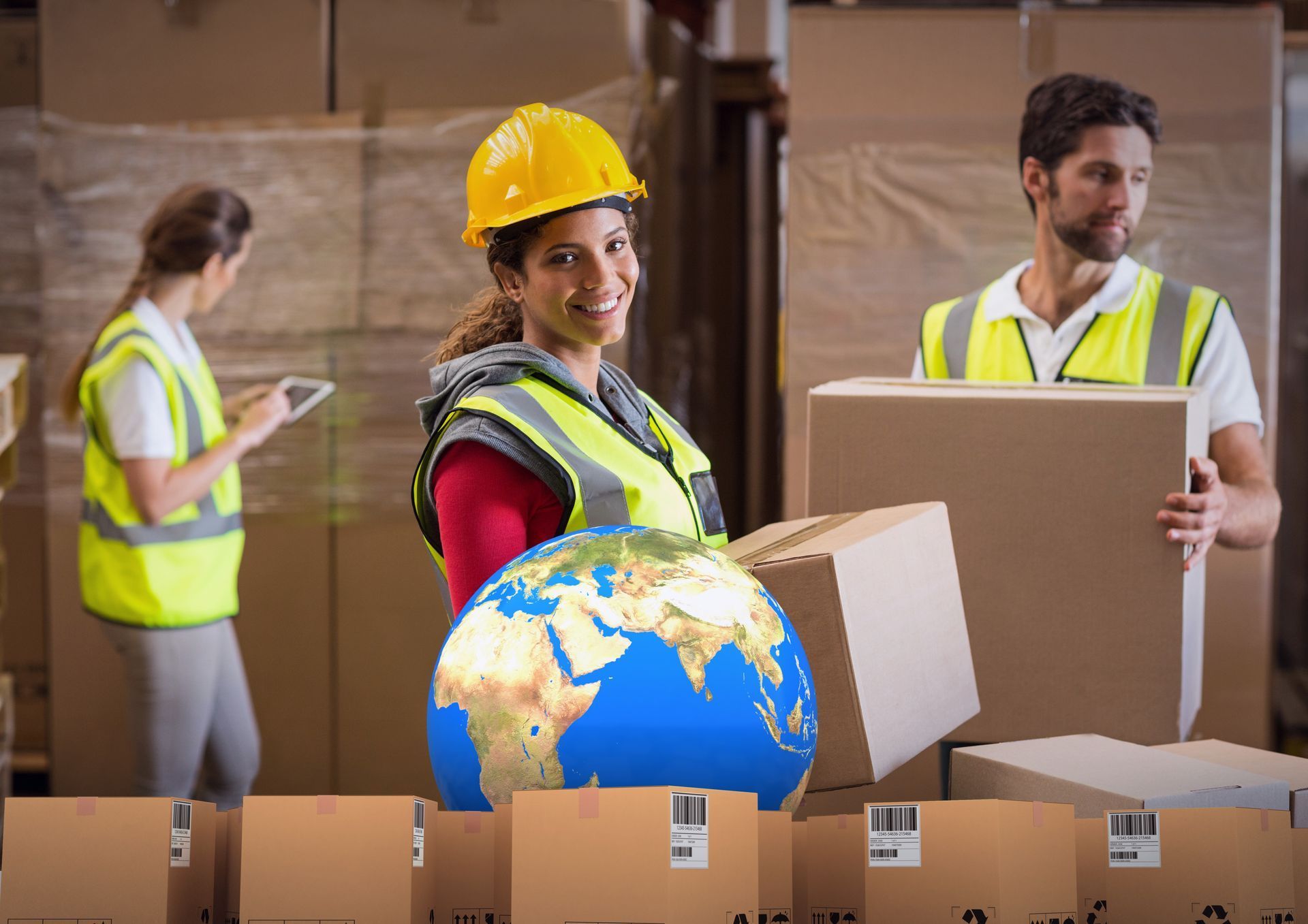 A woman is holding a globe and a box in a warehouse. Stress-free international moving.