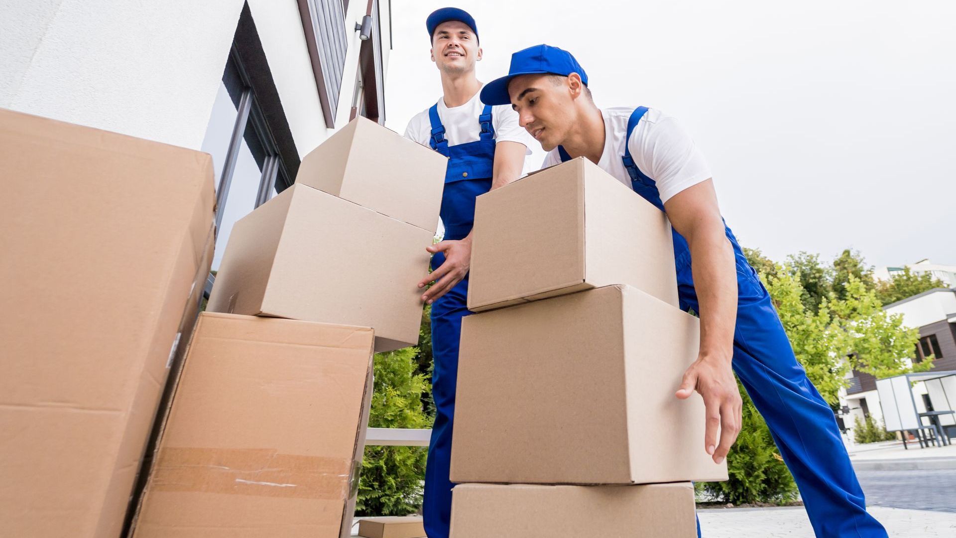 Two men are carrying a stack of cardboard boxes.