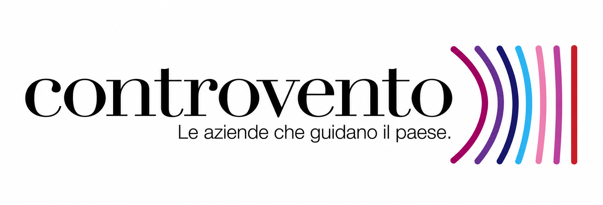 Logo Controvento con scritta nera e linee curve blu e magenta, slogan in italiano sotto