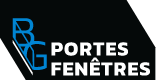 Logo pour « PORTES FENÊTRES » avec les lettres « BG » stylisées en bleu sur fond noir.