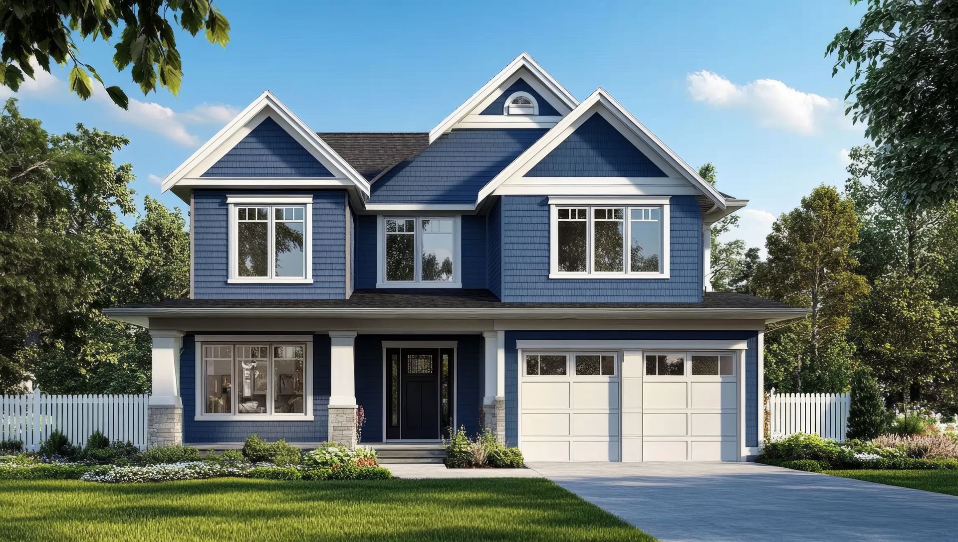 Une maison de style artisanal bleue à deux étages, avec un porche, un garage double et une clôture blanche, dans un quartier résidentiel.
