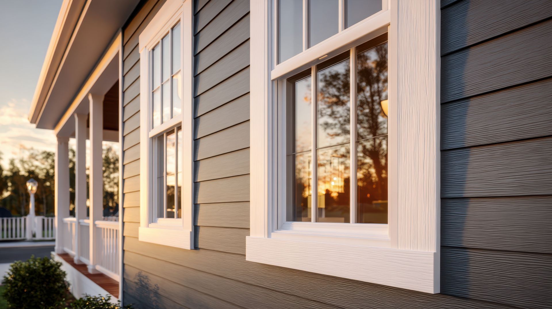 Gros plan sur l'extérieur d'une maison avec un bardage gris foncé, des encadrements de fenêtres blancs et un porche se reflétant dans la vitre.