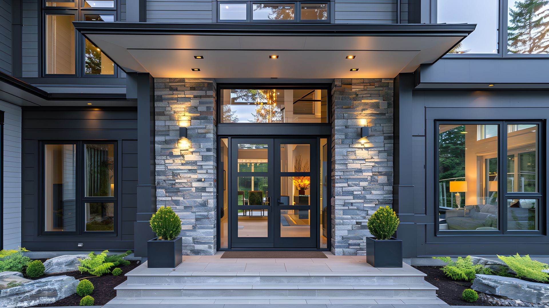 Entrée de maison moderne avec façade en pierre, double porte vitrée, auvent éclairé et deux arbustes ronds en pot.