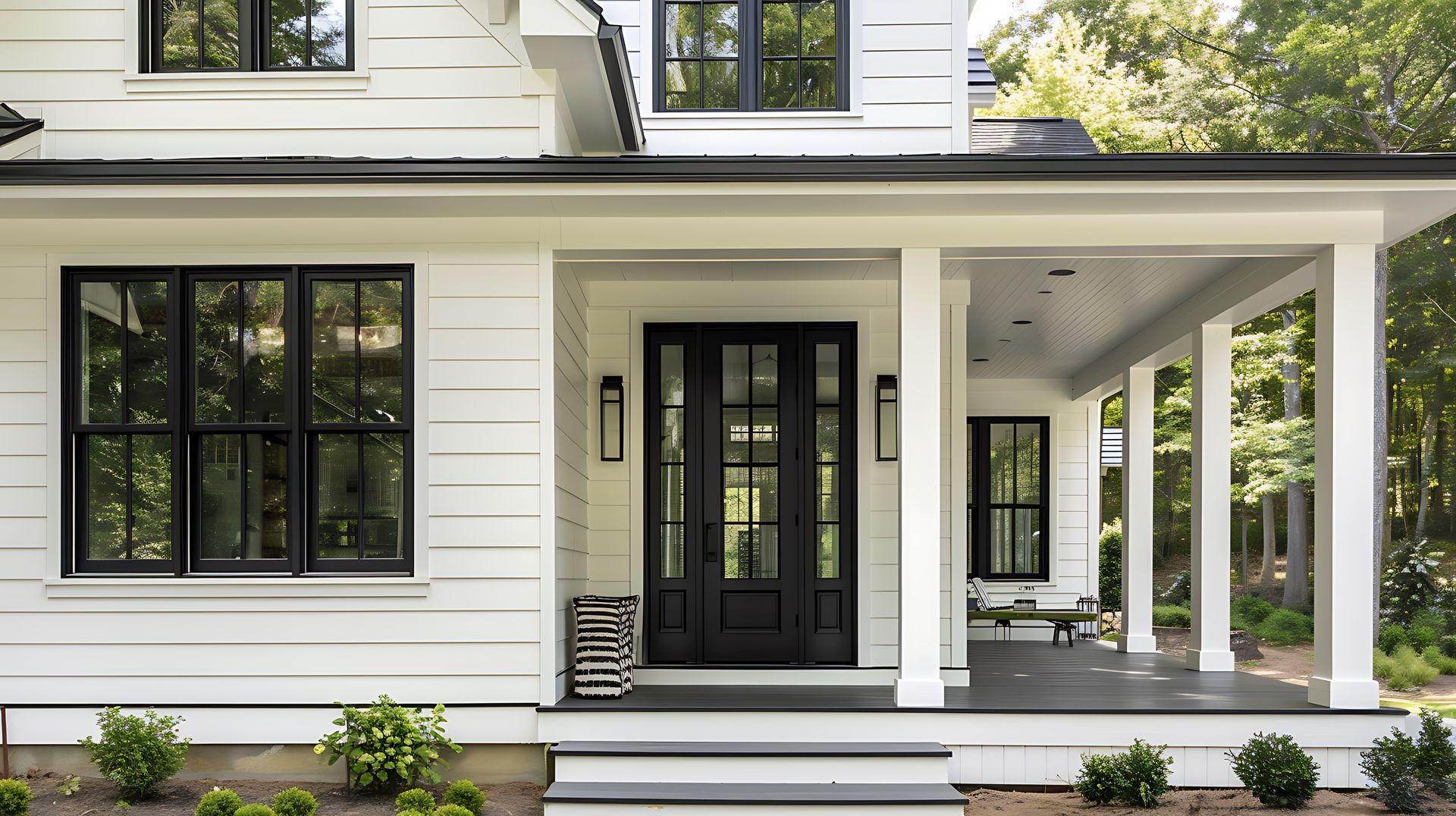 Extérieur de maison blanche avec bardage horizontal, fenêtres à cadre noir, porte d'entrée noire et porche couvert.
