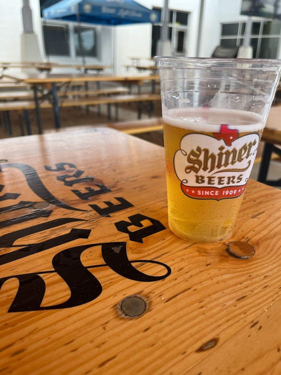 A Shiner beer in a plastic cup on a wooden table with 