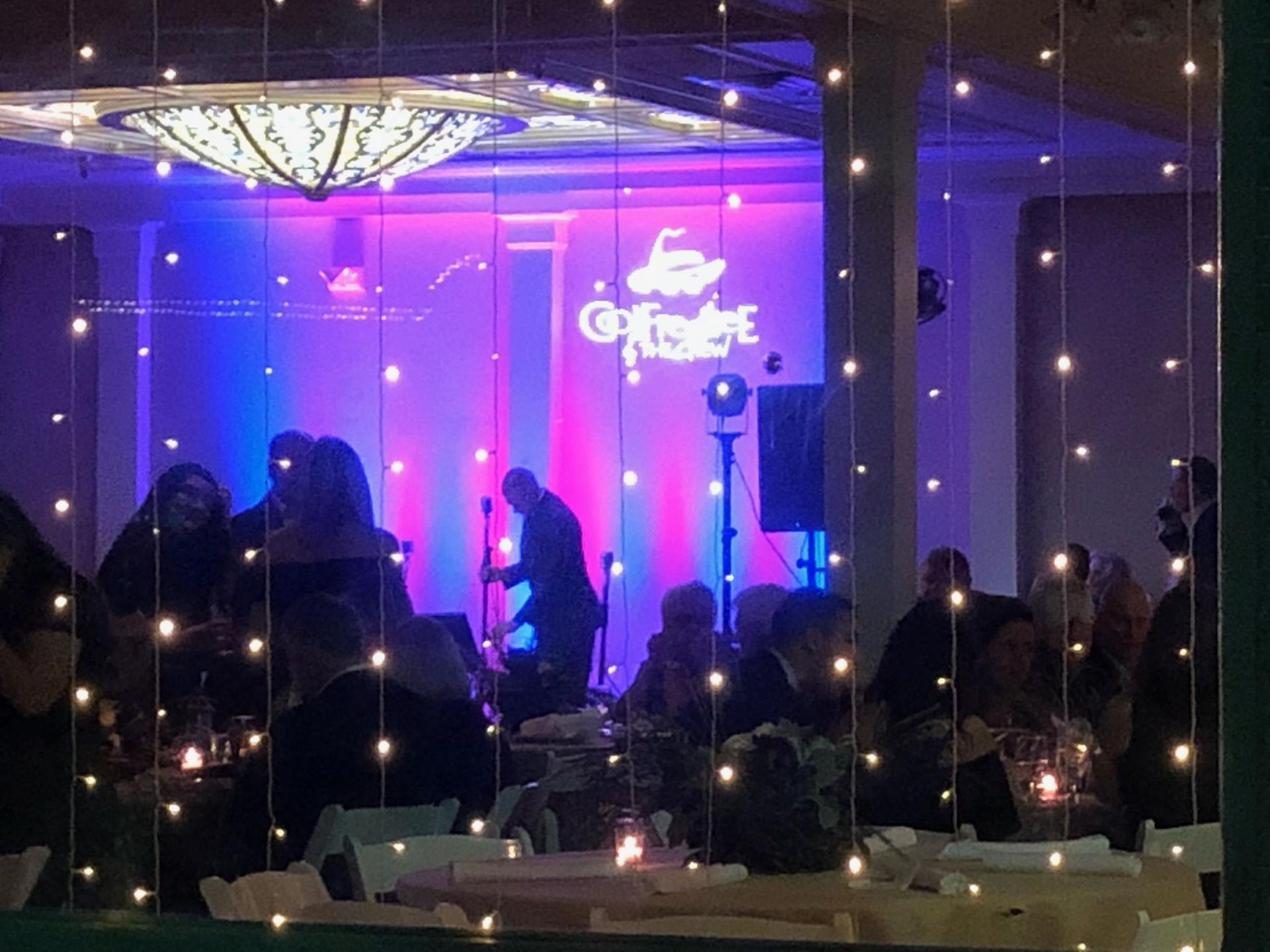 A group of people are sitting at tables in a room with purple lights hanging from the ceiling.