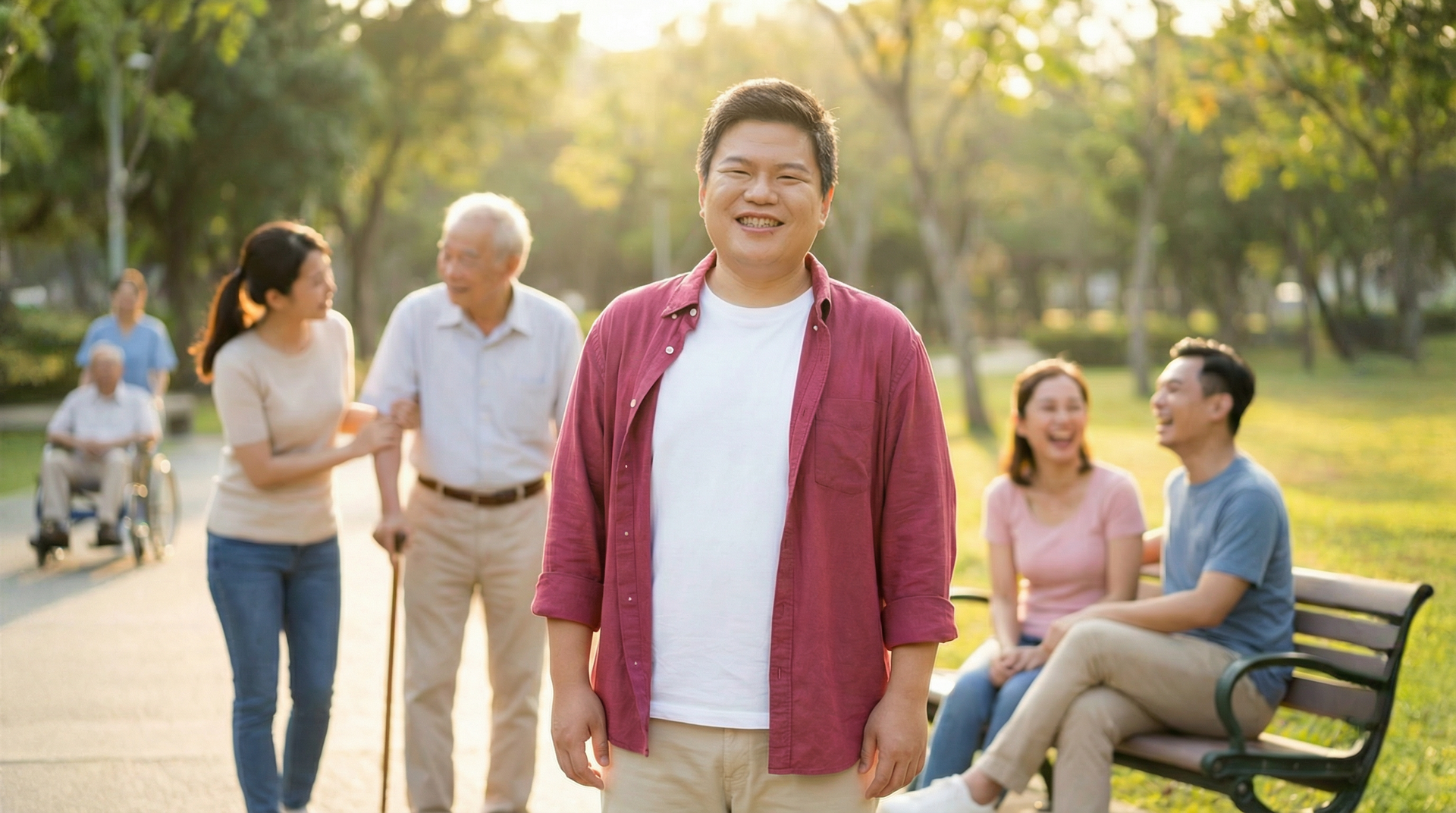 在陽光明媚的公園裡,曾鼎傑站在前景中,其他人則在小路上放鬆休息,背景中有一張長椅。