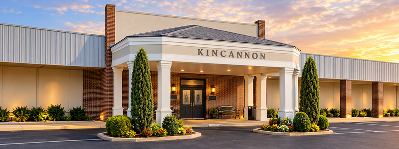 Front entrance of Kincannon building with white columns, dark brick walls, and landscaped shrubs.