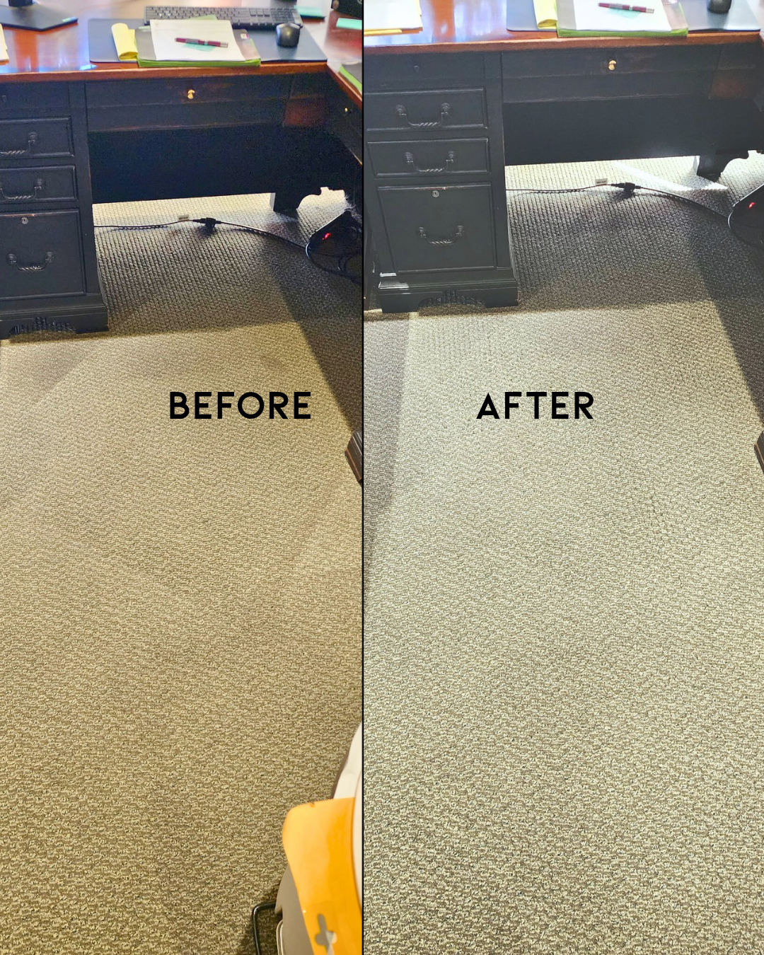 Before and after comparison of a beige carpeted floor; stained before cleaning, clean after.