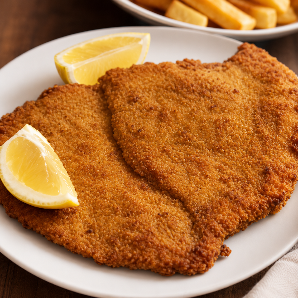 Chuleta empanada frita en un plato blanco con rodajas de limón y patatas fritas al fondo.