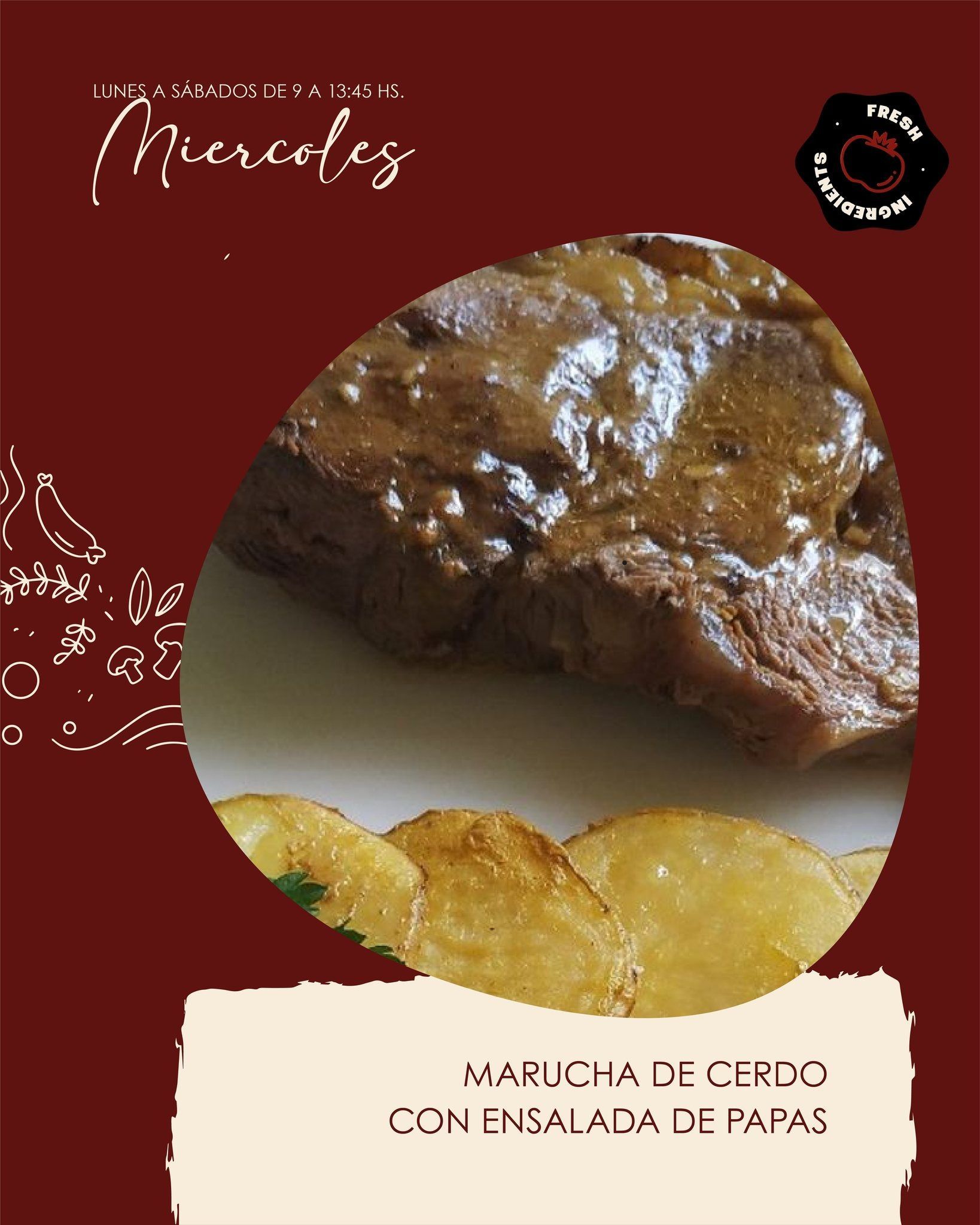 Anuncio de comida color granate con una foto circular de carne a la parrilla y rodajas de plátano en un plato blanco.