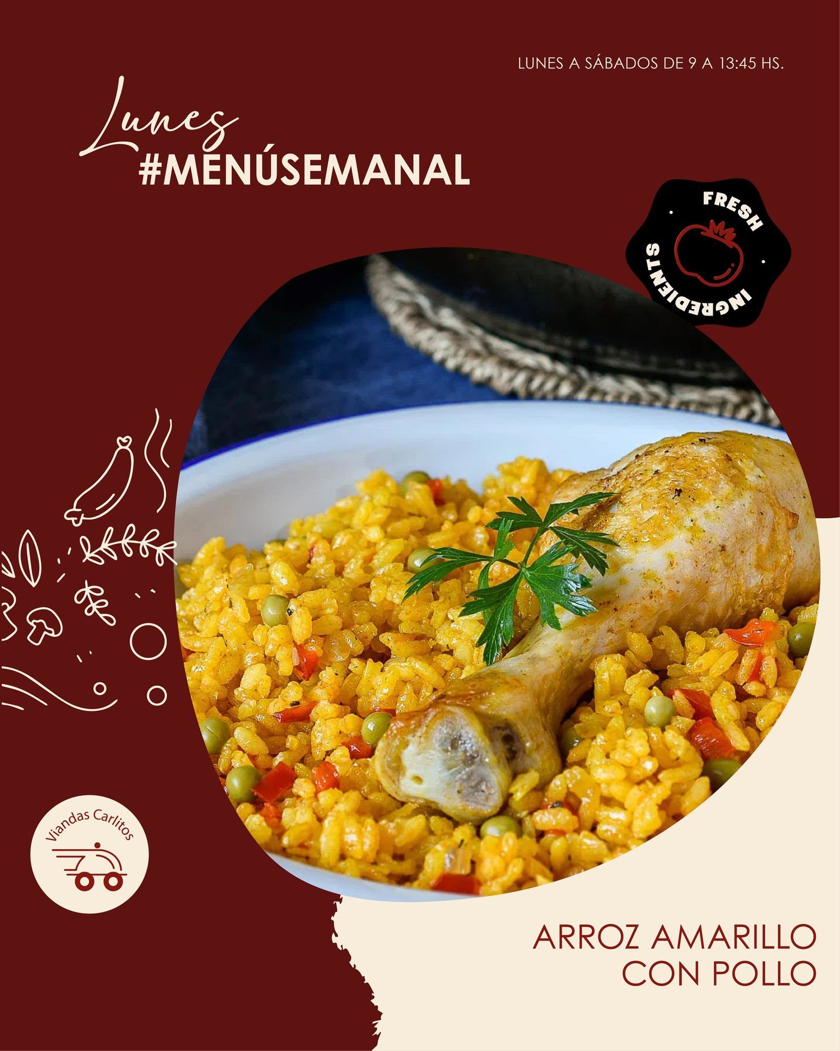 Arroz amarillo con pollo, servido en plato blanco sobre fondo rojo con texto “#MENUSEMANAL”
