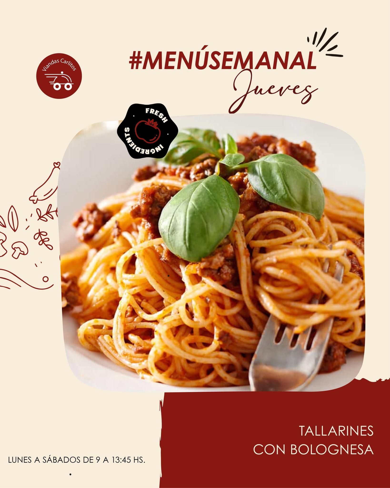 Espaguetis con hojas de albahaca en un plato blanco sobre un fondo color burdeos que simula un menú.