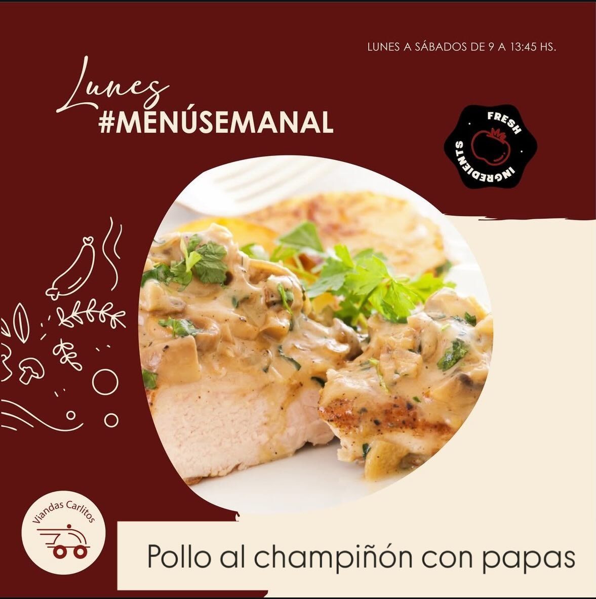 Menú semanal con plato de pollo al champiñón con papas sobre fondo rojo y crema